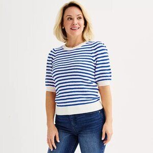 Draper James Puffed Short Sleeve Striped Sweater, Blue Stripe, S